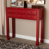 Baxton Studio MIN18-Red-ST Pomme Classic and Antique Red Finished Wood Bronze Finished Accents 6-Drawer Console Table